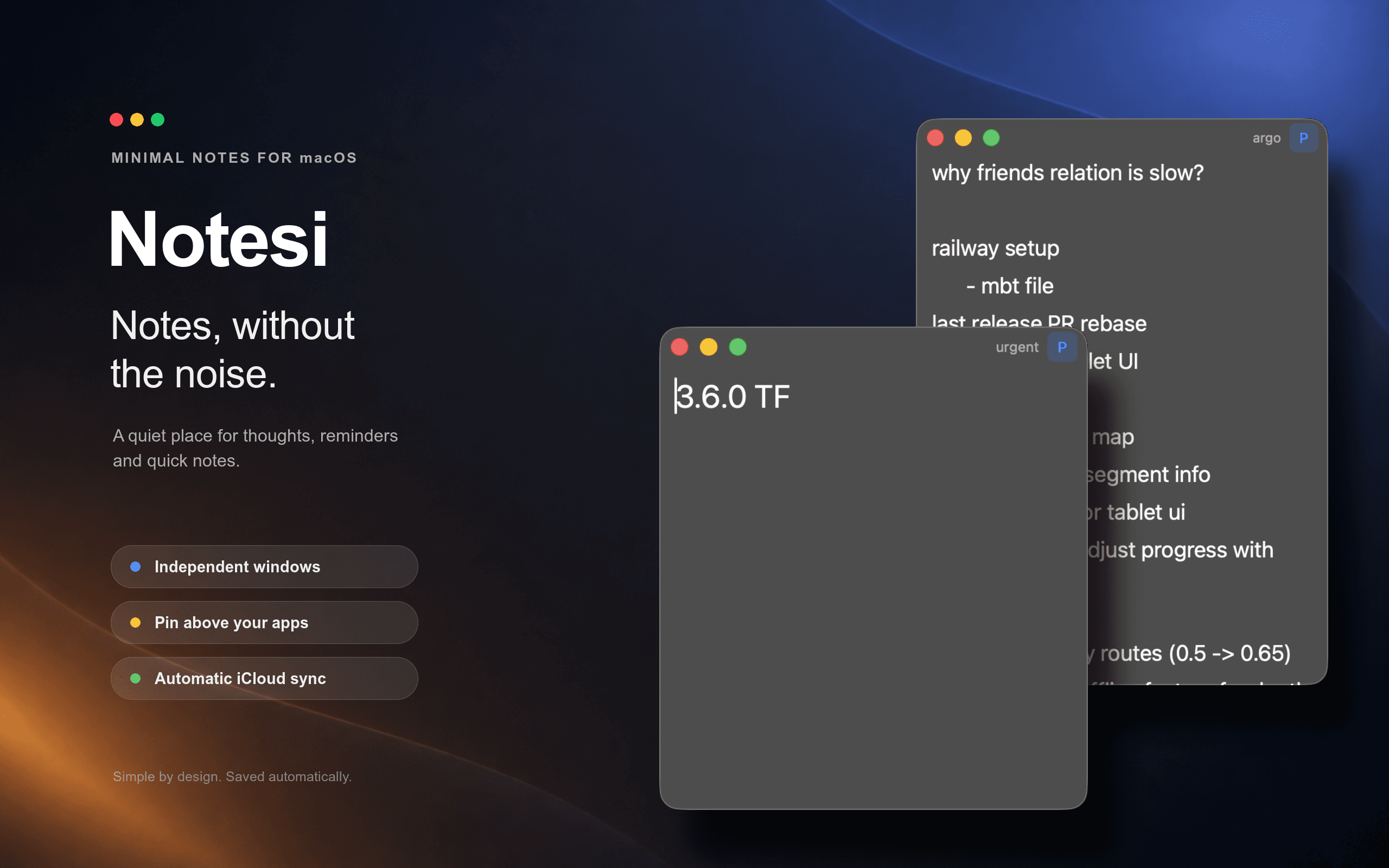 Notesi note windows displayed over a dark macOS-inspired background